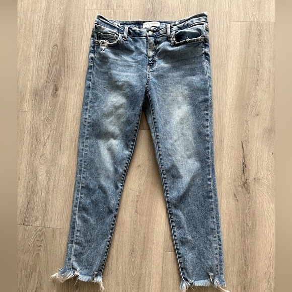 Flying Monkey Denim - Flying Monkey Cropped Distressed Jeans in Blue Mid-Rise Ankle Skinny